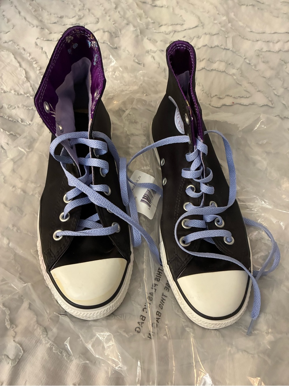 Converse Black Satin High-Top Canvas Sneakers with Lavender Laces 9